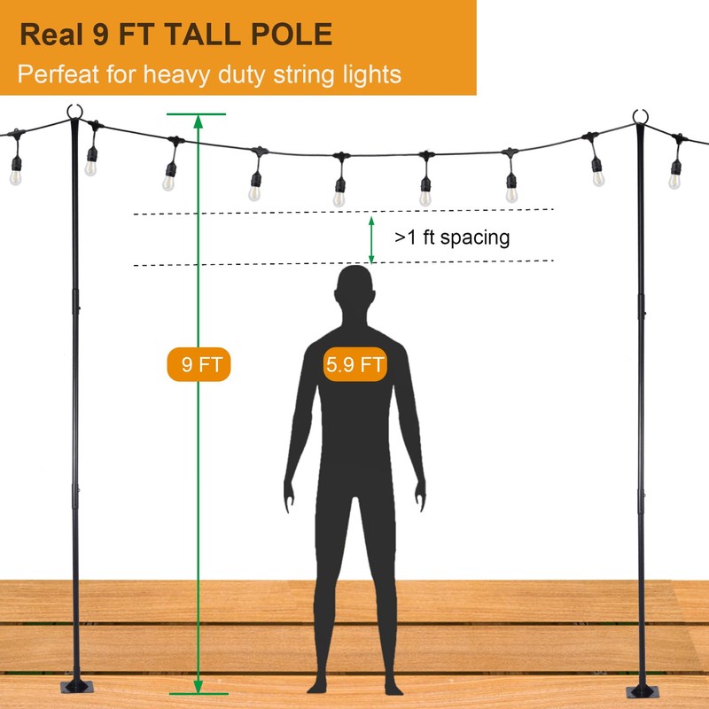 NIOSTA 2sets 9ft Outdoor String Light Poles, Heavy Duty Commercial