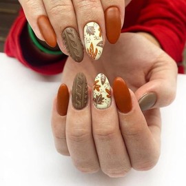 Medium Almond Press on Nails Brown Color Acrylic Fake Nails Maple Leaf Branches False Nails Design Thanksgiving Artificial Nails Reusable Full Cover Glue on Nails for Women Girls 24PCS