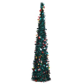 Warmiehomy 5ft/150cm Collapsible Christmas Tree Glittering Pencil Christmas Trees with Sequin Artificial Pop up Tinsel Tree Christmas Decorations for Apartment, Home, Store, Office, Dark Green