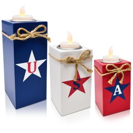 3 Patriotic Wooden Table Decorations 4th of July Wood Candle Holder Tabletop Centerpieces with Operated Tea Lights for Memorial Independence Day Tiered Tray Decor