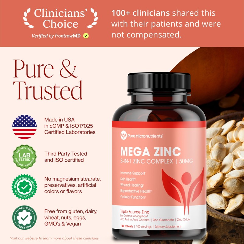 Mega Zinc Supplement, 50mg, 3-in-1 Zinc Complex, 100 Tablets -
