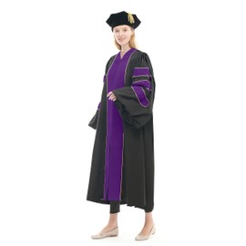 Herrenbek Unisex Deluxe Doctoral Graduation Gown and 8-Side Tam Package with Gold Piping Doctoral Regalia Doctoral Robe Purple