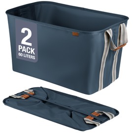 CleverMade Collapsible Fabric Laundry Basket LUXE 2PK - Foldable Pop Up Storage Organizer - Space Saving Hamper with Carry Handles, Navy Noir/Cream, One Size