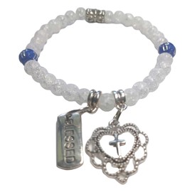 Stretchy Faith Based Clear Crackle Beaded Bracelet with Cross Charm