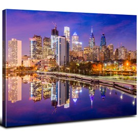 Philadelphia Skyline Wall Art Schuylkill River Wall Decor for Living Room USA City Night Photo Prints Canvas Skyscraper Panoramic Picture Modern Cityscape Artwork Bedroom Office Home Decoration 12x16"