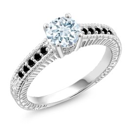 Gem Stone King 925 Sterling Silver Sky Blue Aquamarine and Black Diamond Women's Engagement Ring (0.92 Cttw Round Gemstone Birthstone, Available in size 5, 6, 7, 8, 9)