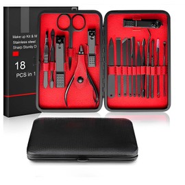 Manicura Set-Salandens 18 en 1 Manicura y Pedicura Profesional de Pedicura Profesional de Acero Inoxidable, Tijeras para Uñas con Cuero Negro Caso