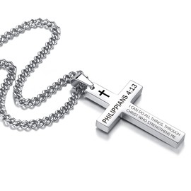 REVEMCN Inspirational Bible Verse Cross Necklace for Men Boys, Stainless Steel Plain Black Silver Cross Pendant Necklace for Men 20-24 Inches Curb Chain Faith Jewelry Gift