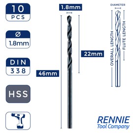 Box Of 10 x 1.8mm HSS Jobber Drill Bits - Black Roll Forged HSS-R for Carbon + Alloy Steel, Plastics & Wood. DIN338 (1.8mm x 46mm)
