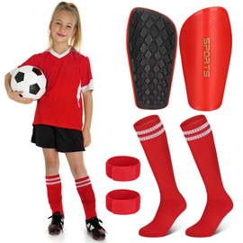 Regilt Soccer Shin Guards for Youth Kids, Shin Pads with Soccer Socks & Guard Straps, Calf Protective Gear for 6-18 Years Kids Teens Boys Girls (Red, Large)
