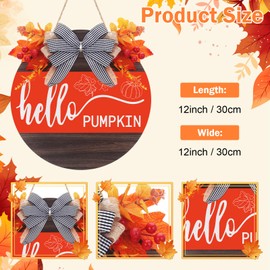Hello Fall Sign Hanger Wreaths for Front Door Thanksgiving Hanging Decor,Fall Wreath with Bow Berries Round Wood Harvest Autumn Porch Sign for Farmhouse Porch Wall Home Decoration (01)