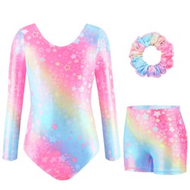 AODOKAT Gymnastics Leotards for Girls with Shorts Set, Long Sleeve/Sleeveless Dance Leotard Sparkle Ballet Dancewear for Kids 5-14 Years (Colourful star-long sleeved, 5-6 Years)