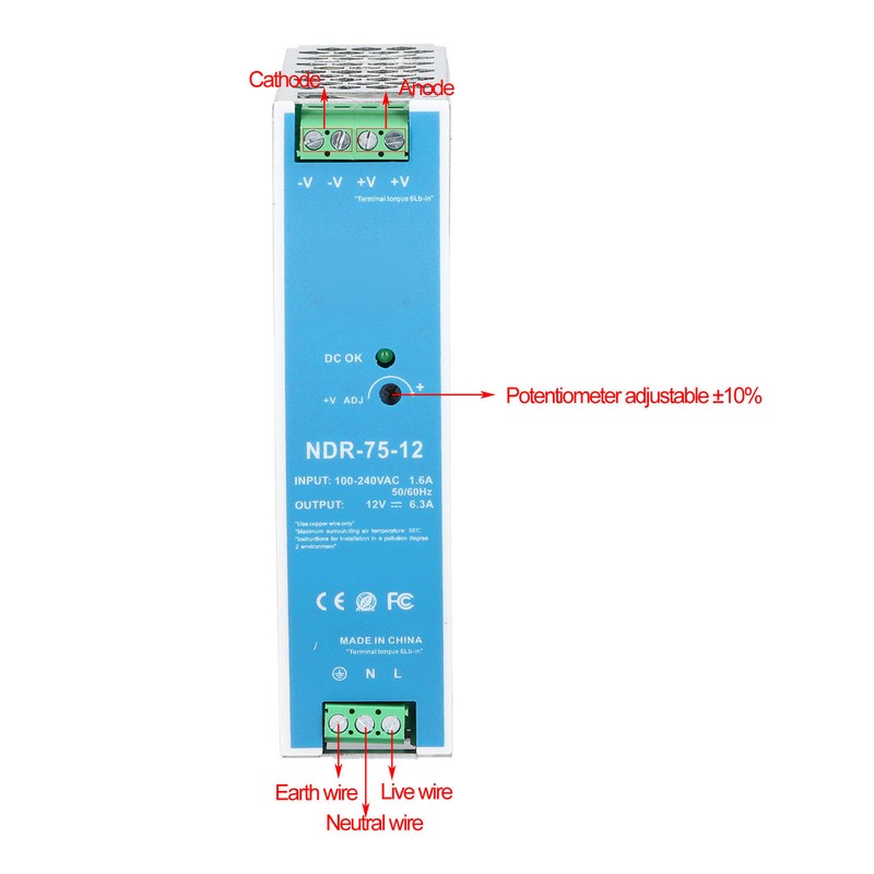 NDR‑75‑12 Industrial Rail Power Supply 6.3A 75.6W Overload Protection Rail