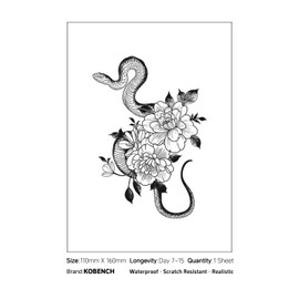 kobench Semi Permanent Tattoos,Snake Two Flowers - K8 Design,Waterproof,Easy-to-Apply,Long Lasting 1-2 Weeks, Plant-Based,Snake Tattoos