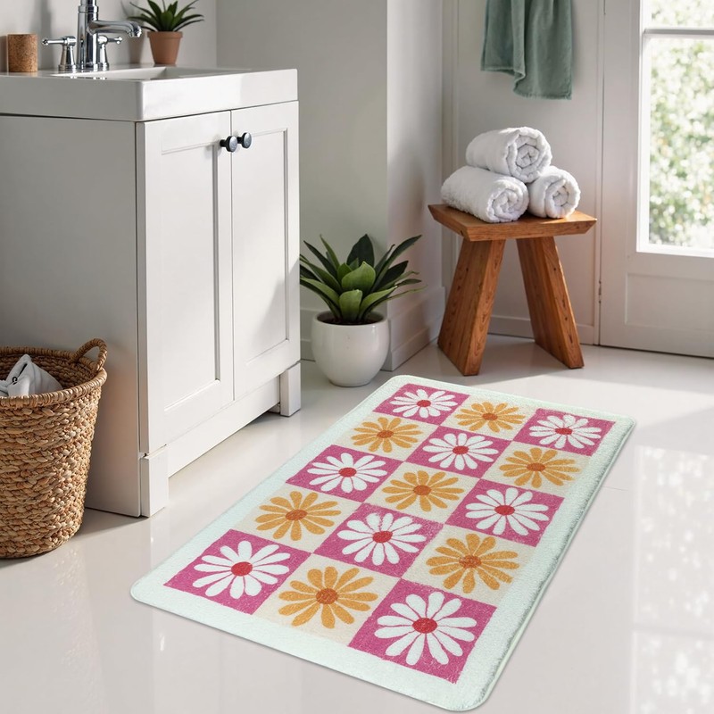 yueyaer Checkered Floral Bathroom Rug, Ultra Soft and Fluffy Microfiber