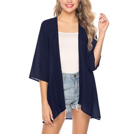 Irevial Women's Chiffon Kimono Cardigan 3/4 Sleeve Bikini Cover Up Lightweight Beach Open Front Jacket for Summer, Plain navy blue, 3 XL