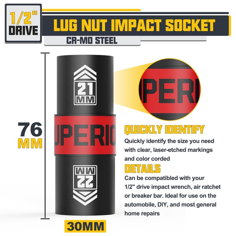 Aiourx 1/2" Drive Lug Nut Impact Socket, 21 x 22