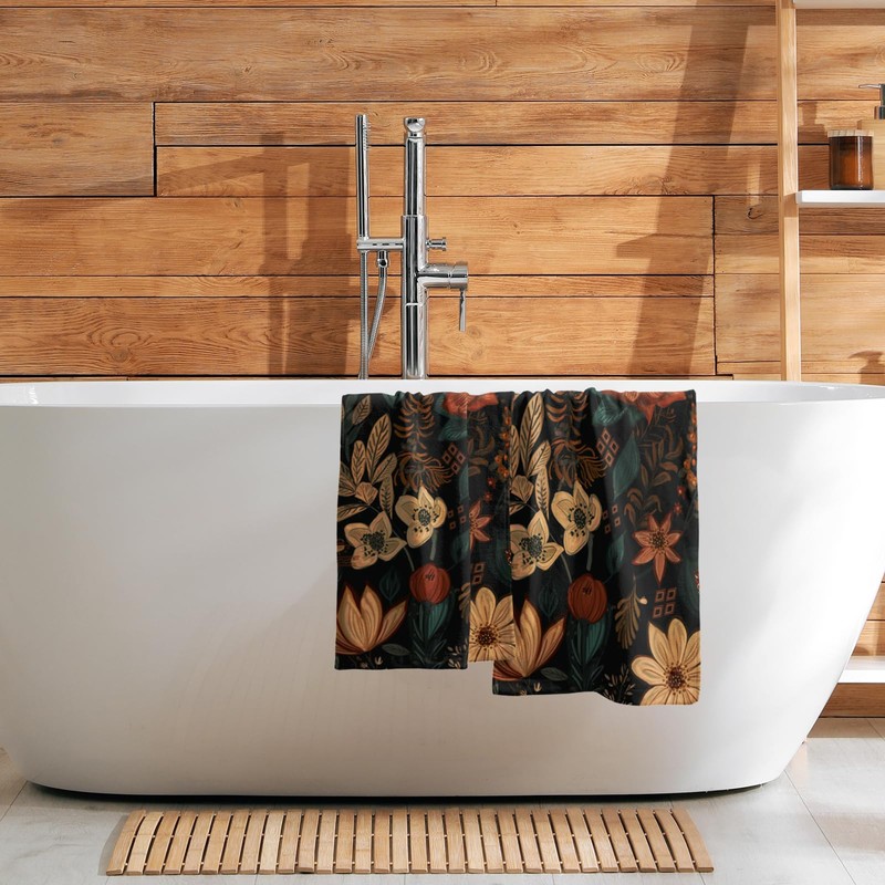 Boho Floral Hand Towels Set of 2 Black Mid Century