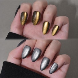 XZMeiLun Cat Eye Gold & Silver Press On Nails Short Almond 60 Pcs Kit, Designer Reusable Acrylic Fake Nails with Glue, Glossy Soft Gel Nails for Women Wedding Party Gift - Glue On Nails Kit