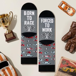 AGRIMONY Funny Race Car Socks for Men Women Dad Teen Boys-BORN TO RACE FORCED TO WORK Novelty Cool Crazy Silly Funky Socks-Racing Fans Motorcycle Birthday Fathers Christmas Fun Gifts Stocking Stuffers