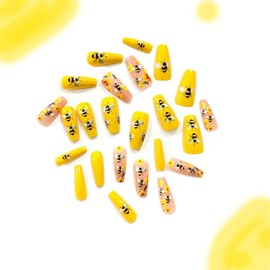 MIXFOSAHN Flower Press on Nails Medium Coffin Fake Nails Yellow False Nails with Cute Bees Designs Flowers Glossy Stick on Nails Glue on Nails Flower Nails Acrylic Nails for Women Girls 24 Pcs