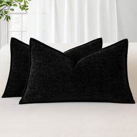 Sungeek Set of 2 Soft Chenille Cushion Covers 30x50cm Lumbar Decorative Throw Pillow Covers with Stitched Edge Solid Dyed Pillow Cases Covers for Home Decor Couch Sofa Bed Living Room, Black