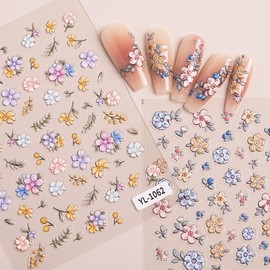 Flower Nail Stickers for Nail Art - 5D Embossed Daisy Flower Nail Sticker Blossom Flowers Self-Adhesive Spring Five-Petal Floral Sliders Decals Art Supplies DIY Manicure Decorations for Women 2Pcs