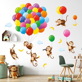 DECOWALL SG-2202 Balloons Monkey Wall Stickers Cartoon Monkeys Decals for Kids Children Baby Bedroom Nursery Living Room Art Home Decor Decoration Removable