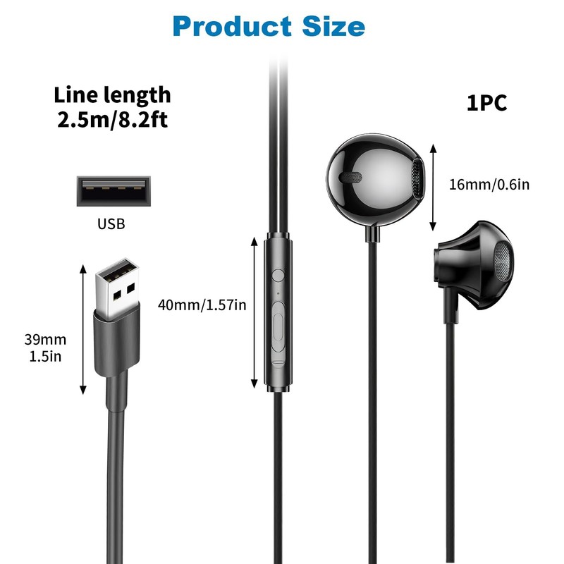 Quwem USB Earphones for PC with Microphone,2.5m Computer Headphones with