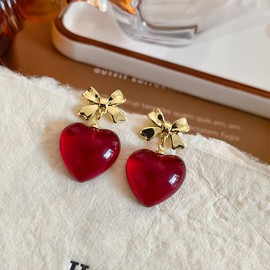 Heart Bow Earrings for Women, Red Dangle Stud Earrings, Valentine's Day Gift Jewelry
