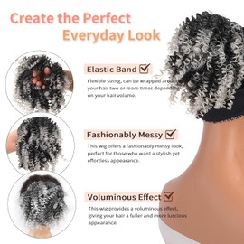 XUENMB Afro Kinky Curly Pony Tails Hair Extensions for Women Drawstring Messy Bun Hair Pieces Short Curly Clip in Extensions for Updo 6 Inch (Black and White)