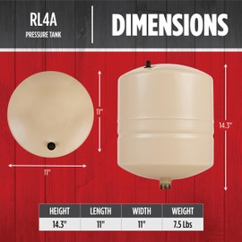 Red Lion RL4A - 4.5-Gallon Inline Pre-Charged Pressure Tank for Well Pumps, 3/4-Inch MNPT System Connection, Almond, 604653