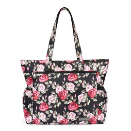 CLOUDMUSIC Shoulder Tote Floral Roomy Bags With Zipper Pockets Bottle Holders For Women Teen Girls Work Shopping Outdoors Gym(Roses)