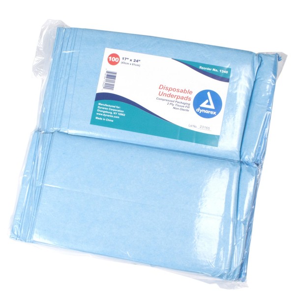 Dynarex Disposable Underpads, Tissue Fill (2 Ply), Medical-Grade Incontinence Bed Pads to Protect Sheets, Mattresses, and Furniture, 17x24 (15g), 1 Box of 100 Disposable Underpads