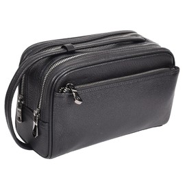 Full Grain Leather Toiletry Bag, Wash Bag Shaving Kit, Cosmetics Pouch Zipper Travel Midnight Black AYD6