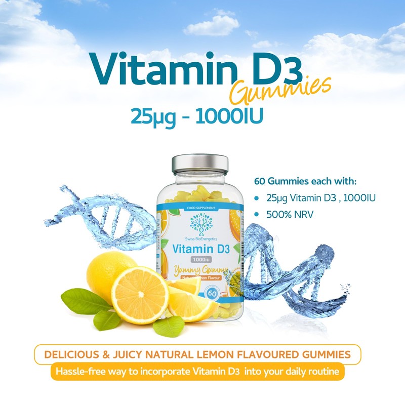 Vitamin D3 Gummies 25µg 1000IU - 60 Natural Lemon Flavour