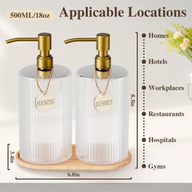 18Oz Soap Dispenser Set with Gold Stainless Steel Pump & Wood Tray - Vertical Stripe Design Refillable for Dish Soap & Hand Soap, Fits Kitchen & Bathroom Countertops