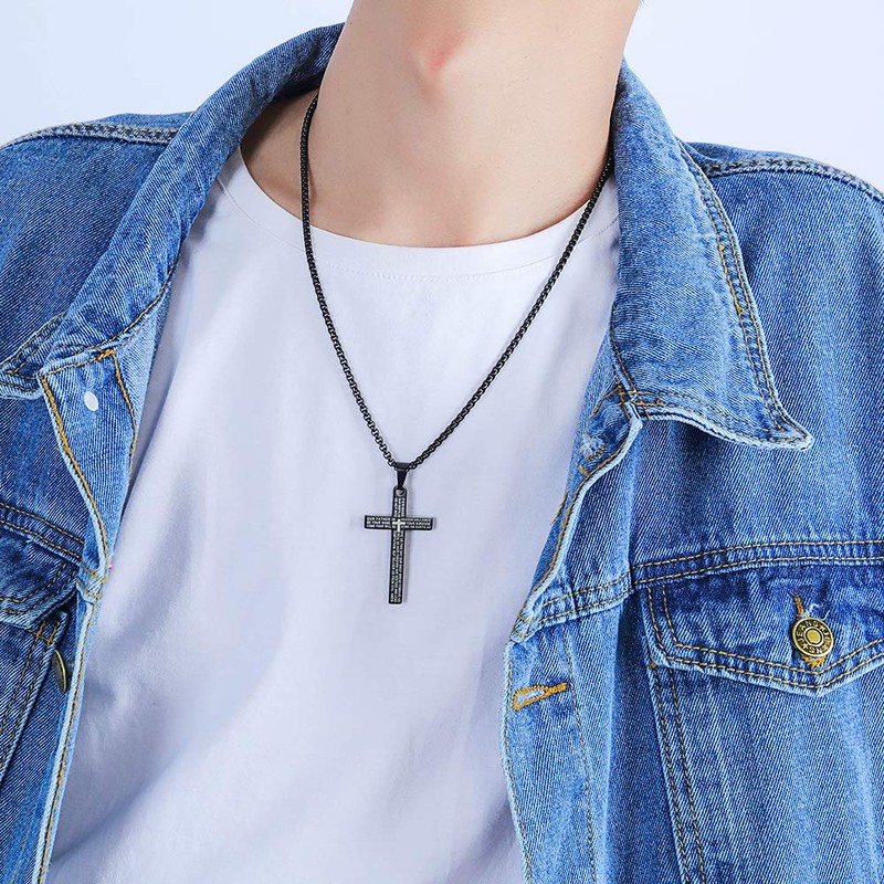 AIKS Men's Cross Scripture Scripture Engraved Black Cross Pendant, Good