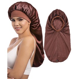 AWAYTR Long Satin Braids Bonnet for Women - 2 Layer Silk Bonnet for Braids Elastic Hair Sleeping Cap with Wide Band Nightcap (Brown)