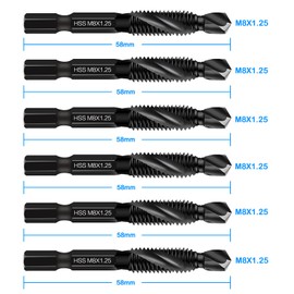 DKIBBITH 6 Packs M8 Drill & Tap Bit Set, Combination Screw Tapping Threading Tools in Size M8*1.25 with Anti-Rust Black Coating, 1/4" Hex Shank and Storage Case