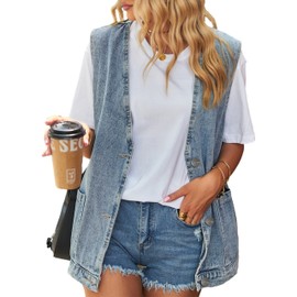 Oulivey Denim Jean Vest for Women Oversized Lightweight Collarless Sleeveless Button Down Denim Waistcoat Jacket(0280-Blue-S)