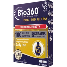 Natures Aid Bio360 Pro-100 Ultra Probiotic 100 Billion Bacteria CFU – High Strength Vegan Supplement Supports Digestive Health, Immunity, Gut Flora & Energy – Gluten-Free, Non-GMO - 30 Capsules
