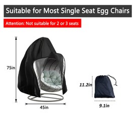 Hanging Chair Cover, Outdoor Waterproof Hanging Chair Protective Cover, 210D Oxford Dustproof Cover for Swing Chair, Windproof Hanging Chair Cover with Zip and Drawstring, Black, 190 x 115 cm