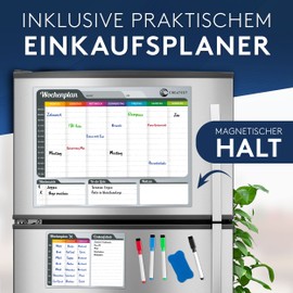 CREATEST Magnetic Weekly Planner, Wipe-Clean Family Board, Large Magnetic Board [40 x 30 cm] Including Meal Plan, Household Organisation for the Refrigerator, With 4 Blackboard Pens & Wiping Sponge