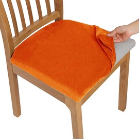 RHYII Original Velvet Dining Chair Seat Covers, Stretch Fitted Dining Room Upholstered Chair Seat Cushion Cover, Removable Washable Kitchen Chair Protector Slipcovers - Set of 6, Orange