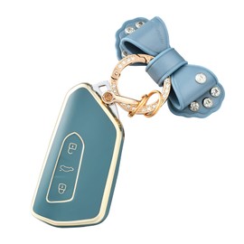 OFF WE GO Car Key Case with Key Fob Key Cover for VW Golf 8 Seat Leon MK4 Tarraco Ateca Skoda Octavia 2020 Cupra 3 Buttons TPU Car Key Case Key Shell Blue Gold