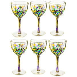 Recycled Glass Wine Glasses - Mexican Set of 6, Luxury Hand Blown for Wine and Water (8 Ounces Each) - Cobalt Cinco De Mayo Confetti Glasses