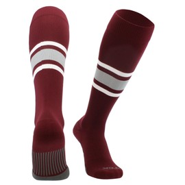 MadSportsStuff Dugout Striped Baseball Socks Pattern E (Maroon/Grey/White, Large)