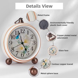 Maxspace Table Clock, White Metal Vintage Non-Ticking Analog Clock, Battery Operated Silent Quartz Movement HD Glass Small Alarm Clocks for Living Room Indoor Decoration (White)