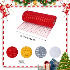FOGAWA 4 Rolls Deco Mesh Rolls for Wreath Making 6 Inch x 10 Yards Christmas Mesh Ribbon Christmas Tree Ribbon Metallic Foil Poly Mesh Ribbon for Christmas Wreaths DIY Crafts Swag Bow Garland